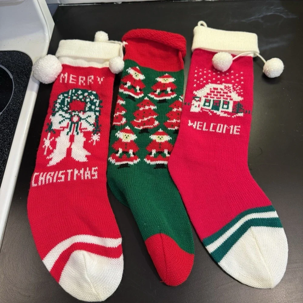Lot Of 3 Vintage Knit Christmas Stockings Red Green Santa Tree Snowmen Santa‎